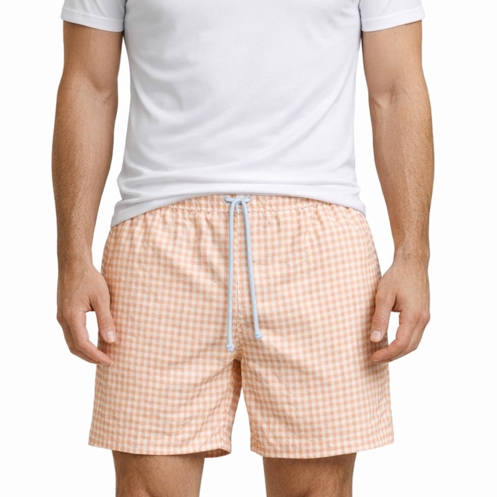 TailorByrd Mens Swim Trunks Large Orange White Gingham 6” Inseam Lined Pockets